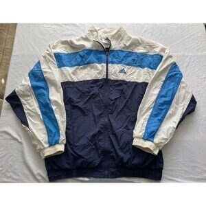 Vintage Adidas Windbreaker Jacket Mens XL White Blue Striped Y2K Zip Up Nylon